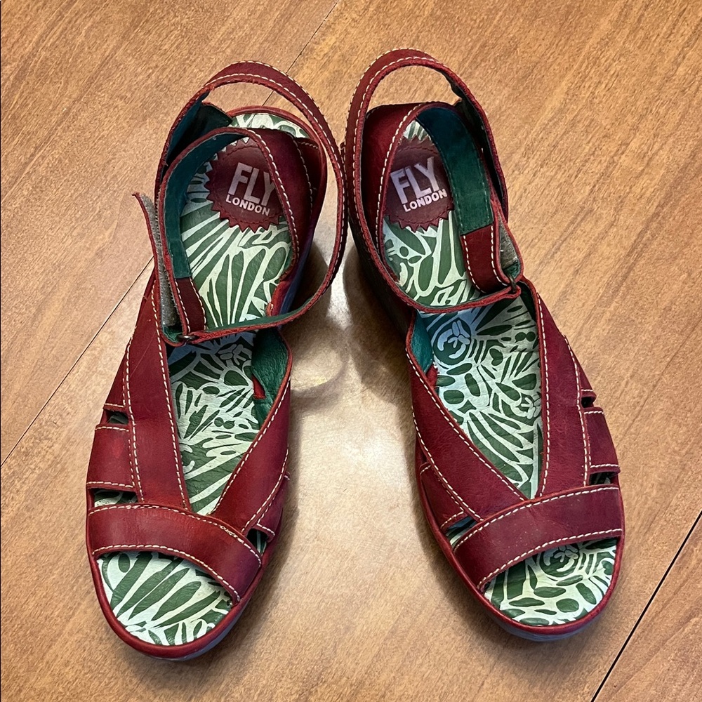 Fly London Women's Burgundy Red Leather Slingback Sandals